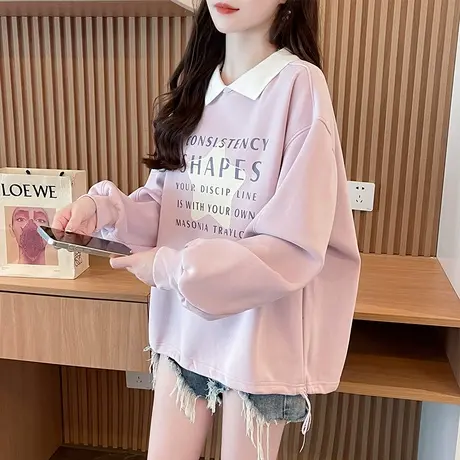 早秋装娃娃领卫衣女春秋季韩版宽松大码薄款polo领假两件上衣外套商品大图