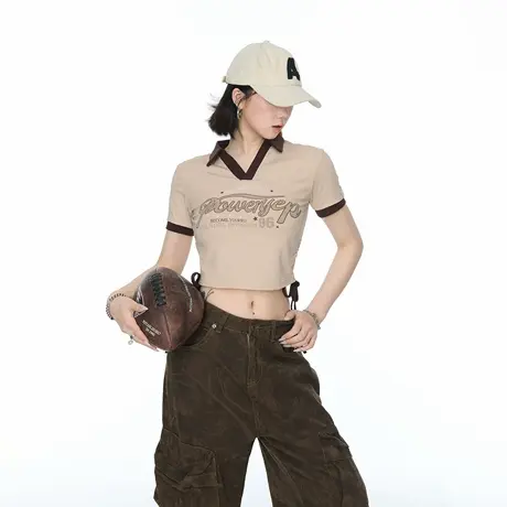 YEP美式辣妹插肩polo领夏季短袖T恤女2025新款修身显瘦短款半袖图片