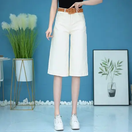 白色宽松阔腿牛仔裤女2025夏季新款显瘦直筒中裤高腰舒适七分短裤图片