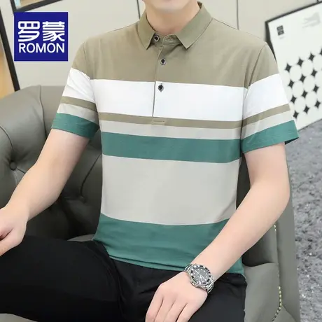 罗蒙纯棉短袖polo衫男士夏薄款2025新款高级商务休闲条纹带领上衣图片