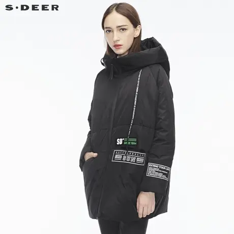 sdeer圣迪奥2018冬装新款纯黑字母抽绳落肩连帽羽绒服女S18482468图片