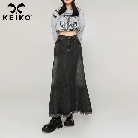 KEIKO [立体剪裁] 显瘦黑色牛仔半身裙秋冬复古流苏摆高腰A字长裙商品大图