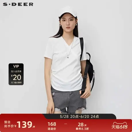 sdeer圣迪奥女装罗纹V领系带拼接短袖T恤S23280126图片