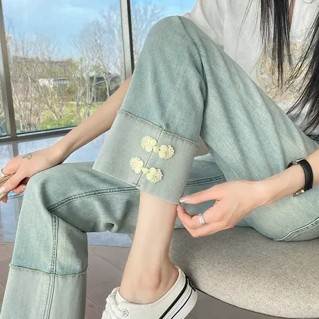 新中式国风盘扣直筒牛仔裤女2025夏季薄款高腰八九分小个子烟管裤商品大图