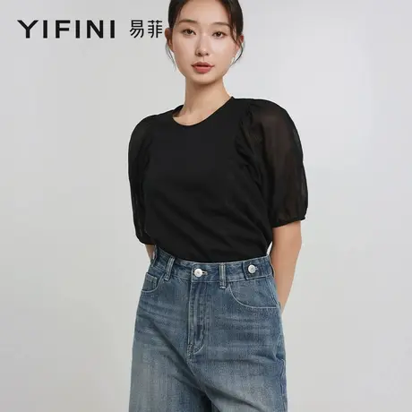 [专柜同款]Yifini/易菲宽松短款拼接圆领小衫女夏装新款上衣图片