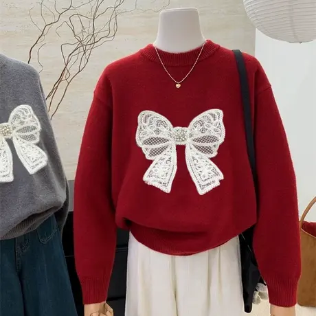 减龄蝴蝶结钉珠毛衣打底衫女秋冬内搭圆领套头加厚长袖针织衫外穿图片