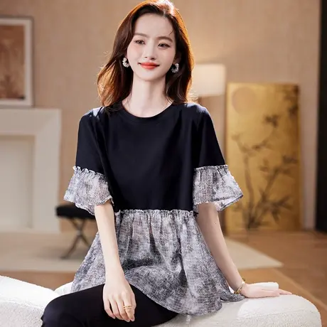 宝诗黎【新品价158元】圆领提花拼接短袖T恤AEX1038图片