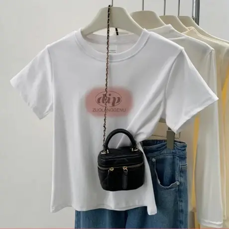 白色正肩短袖t恤2025新款夏季修身显瘦圆领小衫上衣ins小众设计感商品大图