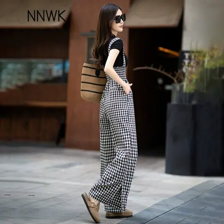 黑白格子裤子背带裤阔腿裤女2025新款夏季薄款冰丝裙裤休闲吊带裤商品大图