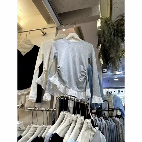 十三行2025年春装新款韩版时尚设计感小众拼接花边长袖T恤上衣女图片