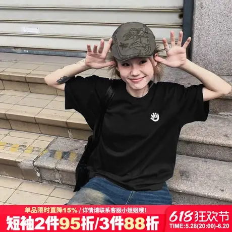 设计感简约风黑色正肩t恤女短袖宽松显瘦通勤百搭纯棉半袖上衣潮商品大图