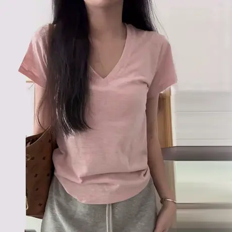 V领正肩短袖T恤女2025夏季新款修身韩版打底衫内搭竹节棉半袖上衣商品大图