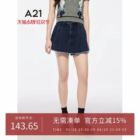 A21女装水洗毛边牛仔短裤2025夏新款简约休闲百褶裙裤宽松阔腿裤商品大图