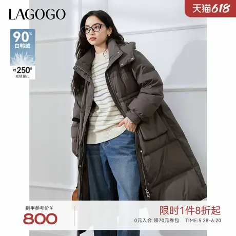 【防钻绒】LAGOGO灰色长款羽绒服女拉谷谷2024年冬款巴恩风外套商品大图