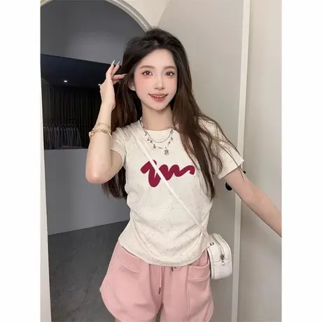 圆领彩虹波点修身短袖t恤女夏季新款高级感正肩短袖褶皱收腰上衣商品大图