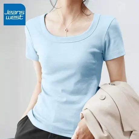 KV真维斯蓝色短袖t恤女款 休闲修身显瘦独特方领上衣2025夏季新款图片