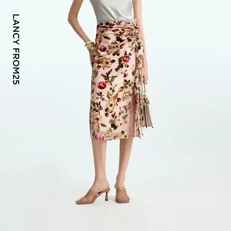 朗姿法式碎花半身裙开叉印花抽褶设计感度假裙子2025年秋季新款图片