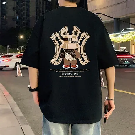 短袖T恤男夏季2025新款美式休闲运动半袖高街潮牌重磅纯棉体恤衫图片