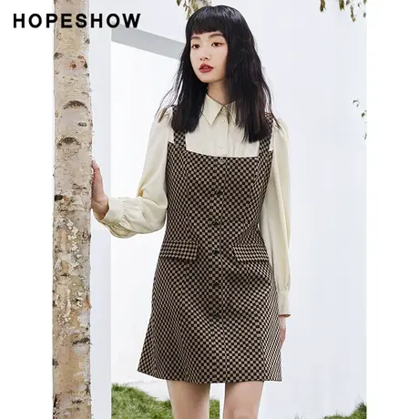 红袖outlets格纹假两件连衣裙hopeshow2023秋款单排扣翻领衬衫裙商品大图