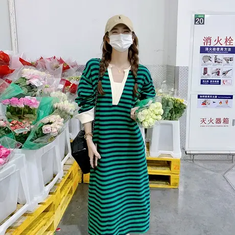 春季新款条纹连衣裙女装胖mm韩版宽松慵懒风大码连帽卫衣裙200斤图片