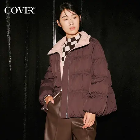 COVER冬季立领撞色褶皱羽绒服图片