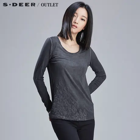 sdeer圣迪奥女装秋装质朴立体绣花做旧圆领长袖打底T恤S16180249图片