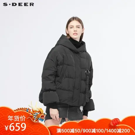 sdeer圣迪奥时尚褶皱造型金属圆环飘带装饰连帽羽绒服S18482405图片