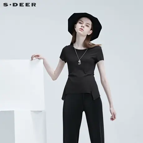 sdeer圣迪奥夏装简约圆领不规则拼接短袖针织衫S20260112图片
