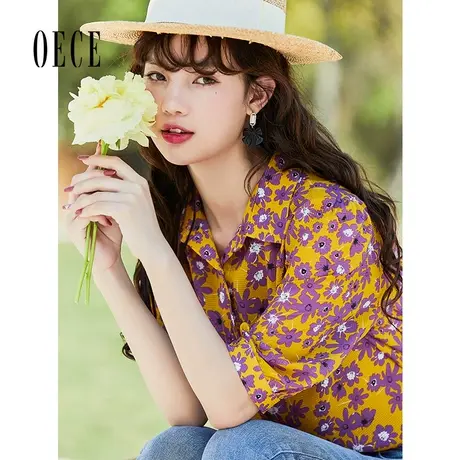 Oece复古碎花衬衫春夏装新款女装南加州减龄雪纺衫设计感上衣图片