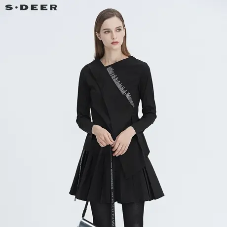 sdeer圣迪奥上衣女设计感小众不规则领拼接字母长袖衬衫S20480518图片
