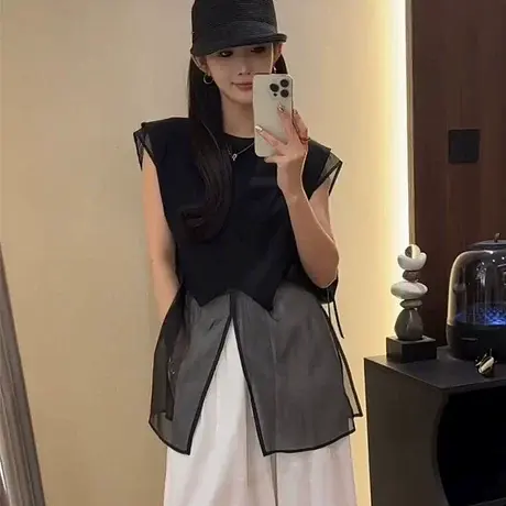 高端欧货2025年夏季新款圆领飞飞袖网纱拼接中长款黑色T恤女上衣图片