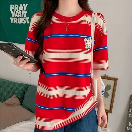 复古港味休闲撞色大红条纹短袖T恤女夏季新款宽松减龄正肩上衣潮图片