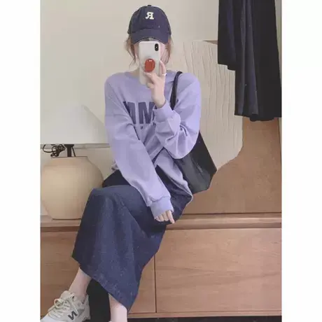 美式圆领深紫色宽松oversize长袖卫衣女中长款遮屁股秋冬加绒加厚图片