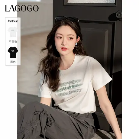 LAGOGO字母印花清新百搭短袖T恤女2025年夏日新款休闲舒适上衣商品大图