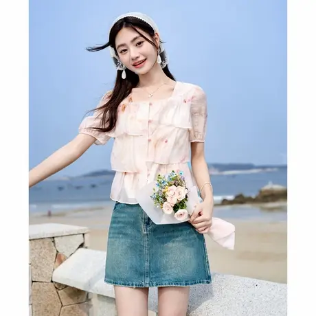 时尚气质衬衫2024年夏季新款女方领蛋糕层收腰显瘦温柔百搭短袖商品大图