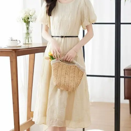 首尚格释2025夏季新品时尚潮流绣花圆领大摆型泡泡袖长款连衣裙女商品大图