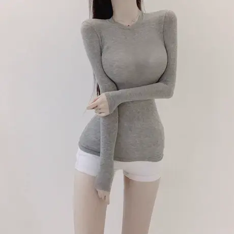 自留推荐！薄款紧身T恤女长袖小圆领性感微透显胸大打底衫上衣图片