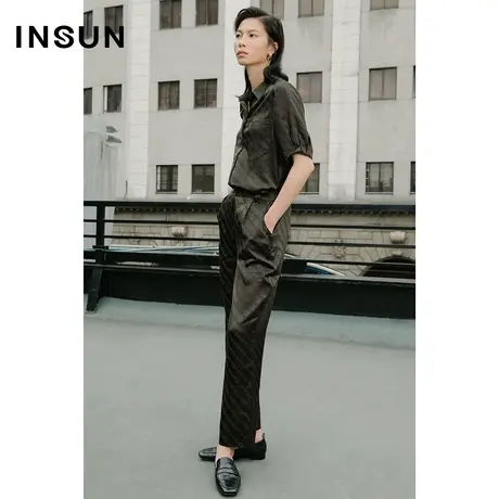 INSUN恩裳夏季真丝提花垂感舒适直筒休闲裤商品大图