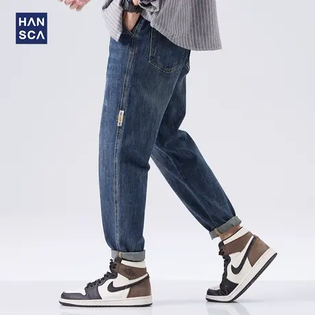 hansca直筒牛仔裤男春季新款蓝色宽松百搭复古潮流水洗大码长裤子商品大图