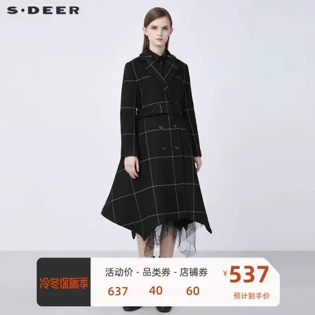 sdeer圣迪奥女装西装领收腰撞色格纹长款毛呢大衣S21481821🐧商品大图