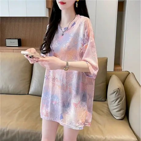 设计感小众短袖t恤女夏季韩版宽松大码女装中长款冰丝透明上衣服图片