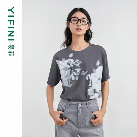 [专柜同款]Yifini/易菲艺术印花百搭宽松上衣T恤女2025夏季新款图片