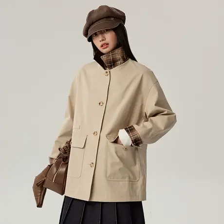 omont蛋挞家 复古巴恩风撞色领风衣外套春中长款上衣商品大图