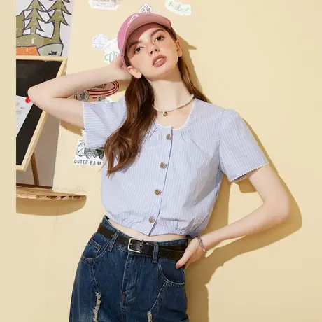 a02【100%棉】条纹撞色拼接织带减龄女式衬衫夏季新上衣商品大图