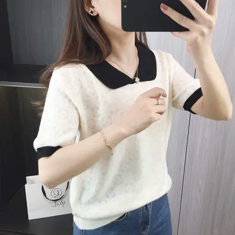 娃娃领简约镂空短袖T恤女装2024新款时尚减龄轻薄针织衫体恤上衣图片