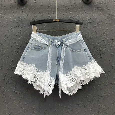 别致蕾丝花边显瘦辣妹牛仔短裤女夏洋气个性减龄百搭高腰阔腿热裤图片
