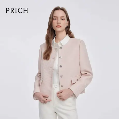 PRICH经典圆领小香风西装2025春季新款气质花纱长袖短外套女商品大图