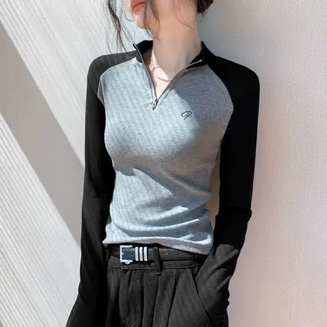 拉链半高领拼色长袖T恤女秋季新款修身上衣设计感小众别致打底衫商品大图