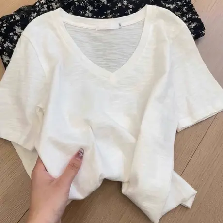 韩系chic甜辣竹节棉短袖T恤女夏季韩版修身内搭打底衫V领正肩上衣商品大图