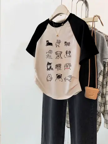 慵懒风chic短款t恤女小个子修身百搭夏季上衣ins大码辣妹插肩短袖商品大图